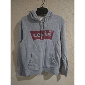 Levis Sweater Mens, Gray Red Batwing Logo Hoodie Sweatshirt Adult, Size Small